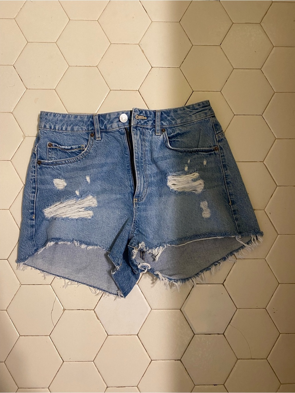 Garage Distressed Denim Jean Shorts in Light Blue